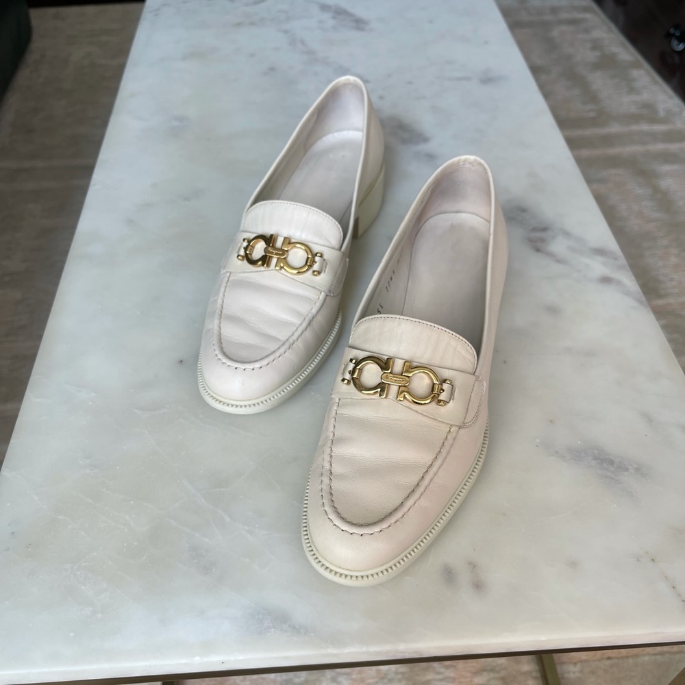 Salvatore Ferragamo White Loafers Gold Logo Buckle